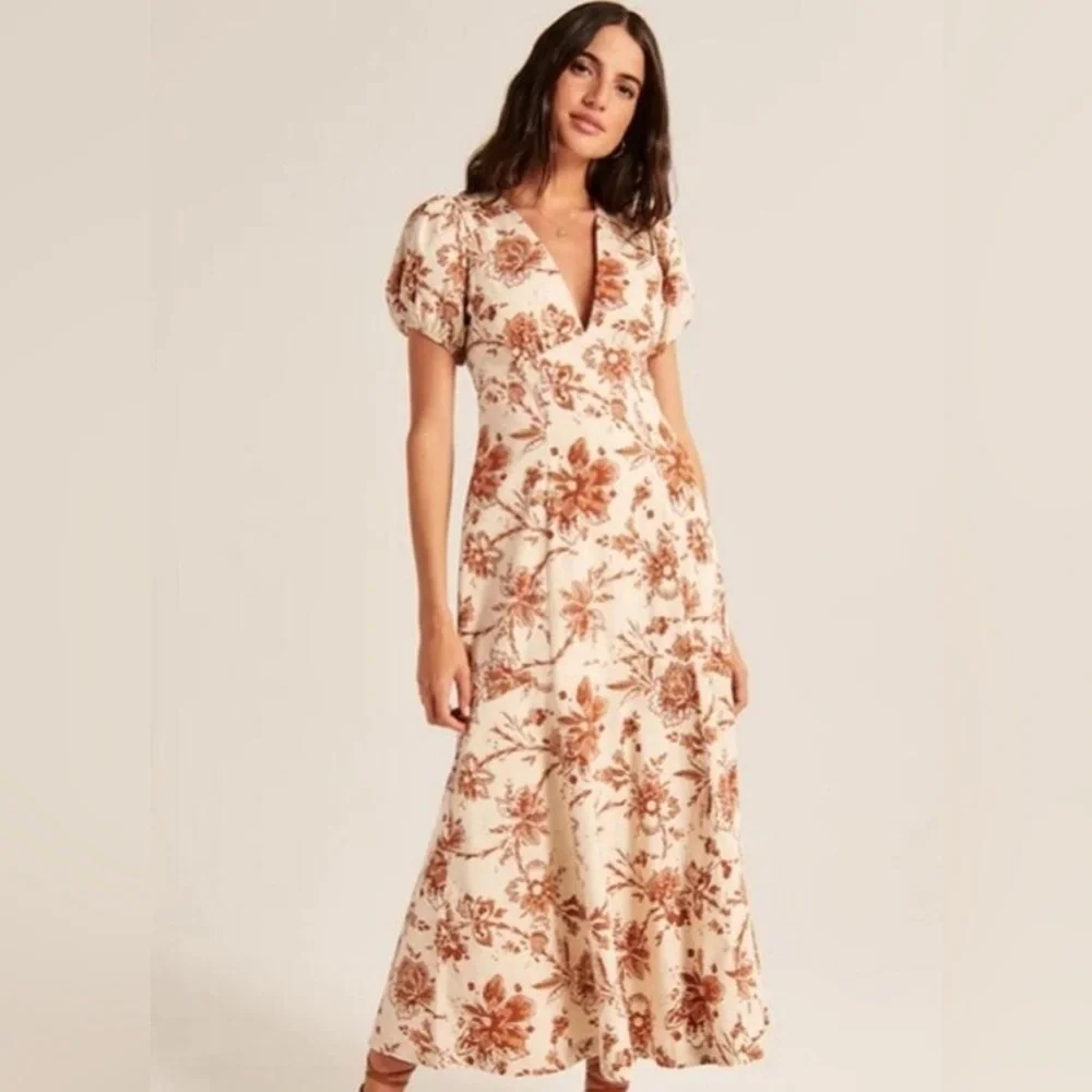 NEW Abercrombie and Fitch Cream Floral Printed Poplin Puff Sleeve Midi Dress XS